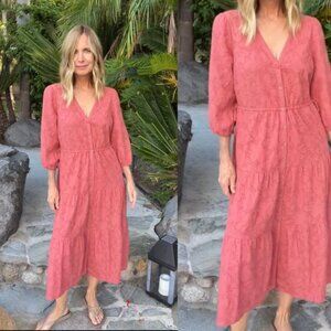 NWOT Marine Layer Eyelet Tiered Midi Dress Copper Cotton Adjustable Waist Flowy